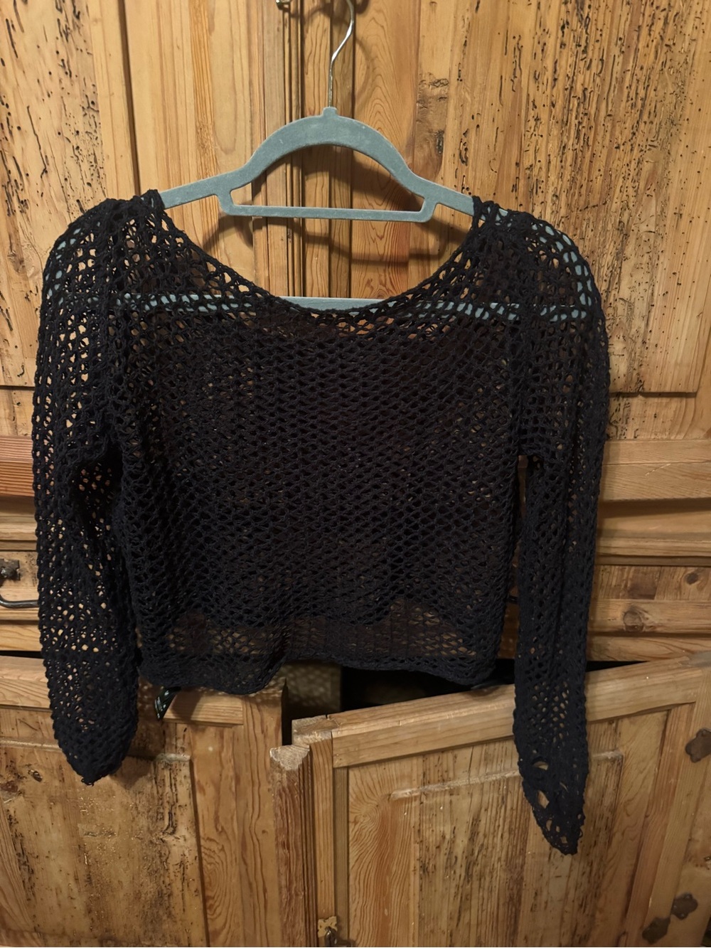 Tiger Mist Black Open-Knit Long Sleeve Crop Sweater